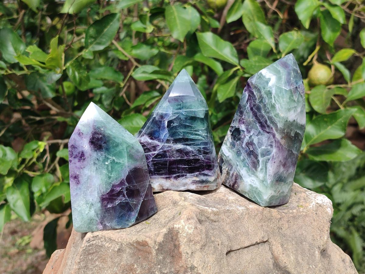 Polished Watermelon Fluorite Crystal Points x 3 From Uis, Namibia - Toprock Gemstones and Minerals 