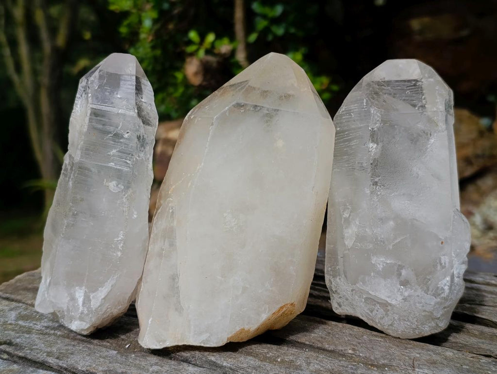 Half Polished Half Natural White Phantom Quartz Crystals x 3 From Madagascar - Toprock Gemstones and Minerals 