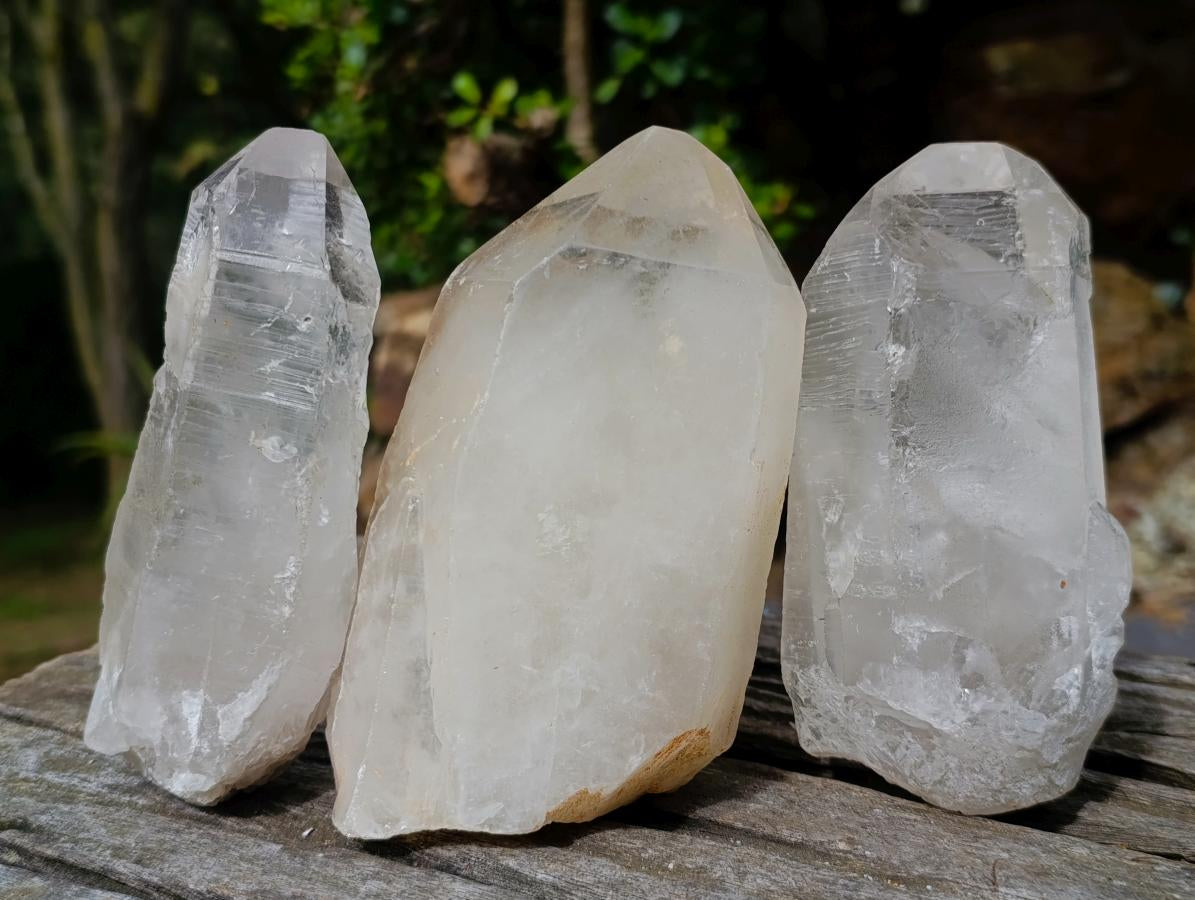 Half Polished Half Natural White Phantom Quartz Crystals x 3 From Madagascar - Toprock Gemstones and Minerals 