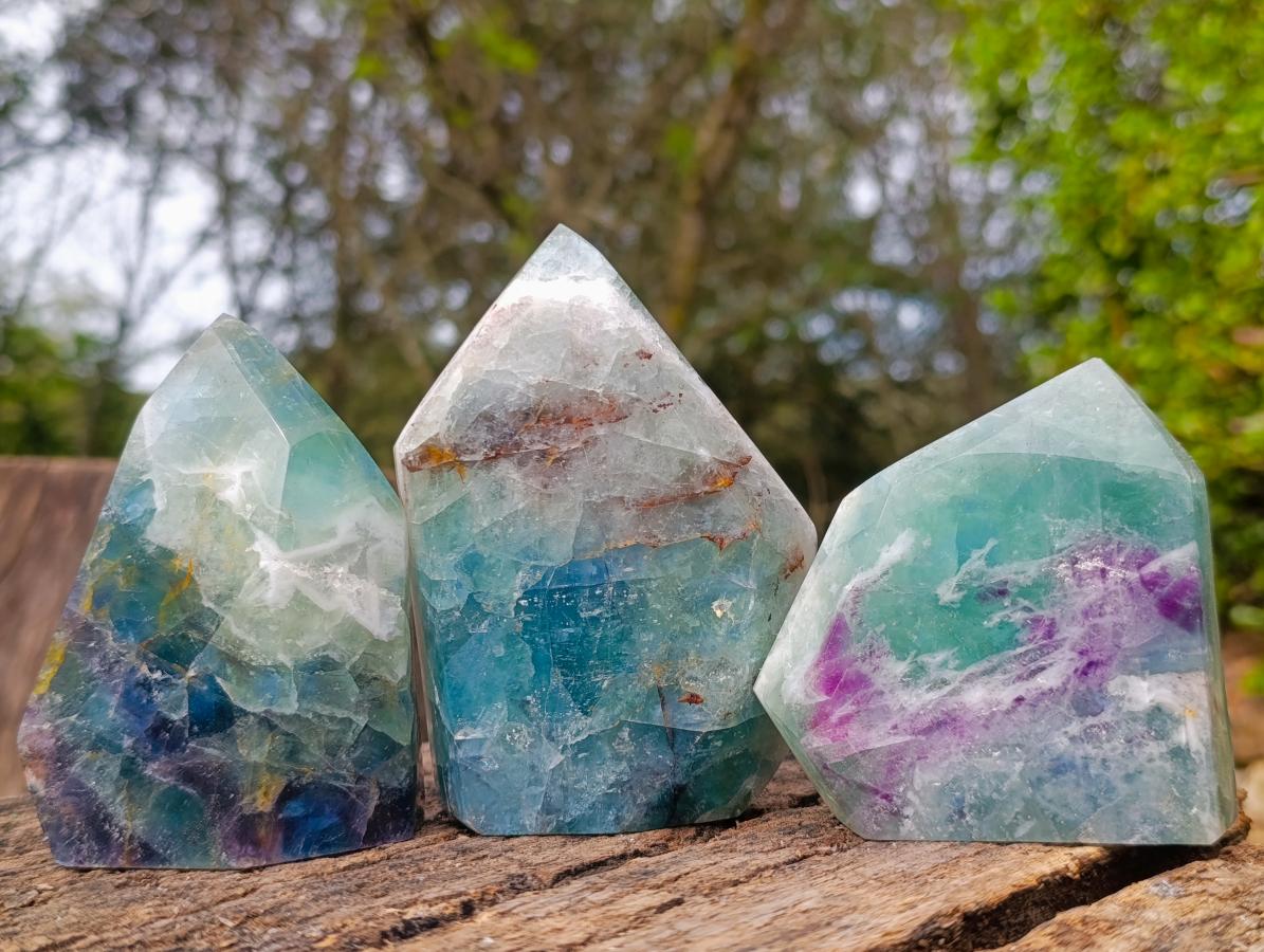 Polished Watermelon Fluorite Crystal Points x 3 From Uis, Namibia - Toprock Gemstones and Minerals 