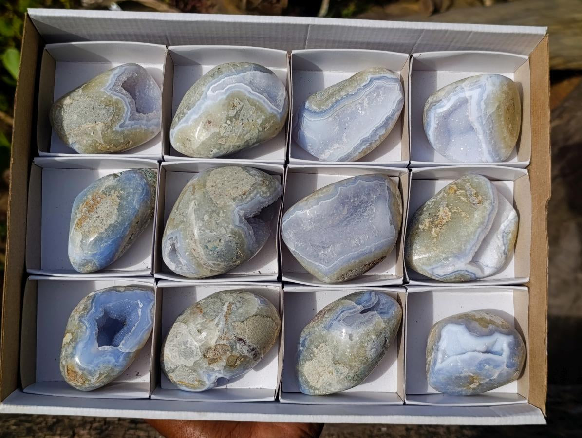 Polished Palm Size Blue Lace Agate Free Forms x 12 From Nsanje, Malawi - Toprock Gemstones and Minerals 