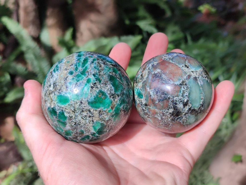 Polished Emerald Mica 'Mutokolite' Spheres x 2 From Mutoko, Zimbabwe - Toprock Gemstones and Minerals 