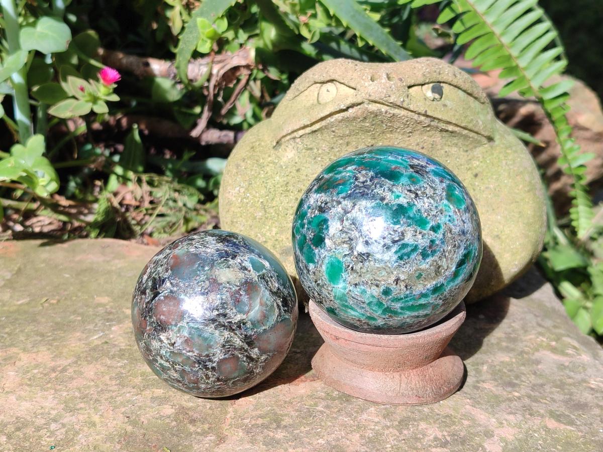 Polished Emerald Mica 'Mutokolite' Spheres x 2 From Mutoko, Zimbabwe - Toprock Gemstones and Minerals 