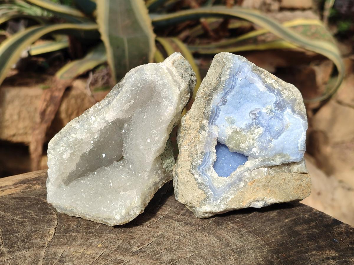 Natural Blue Lace Agate Geode Specimens with Dogtooth Calcite x 4 From Nsanje, Malawi - Toprock Gemstones and Minerals 