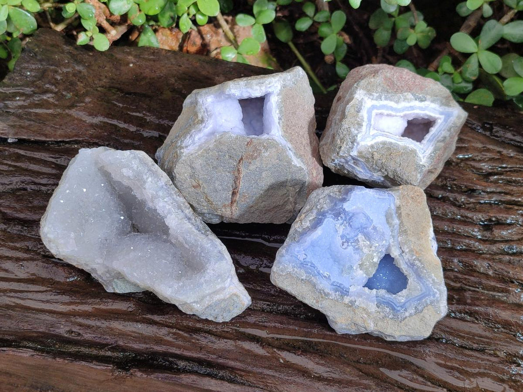 Natural Blue Lace Agate Geode Specimens with Dogtooth Calcite x 4 From Nsanje, Malawi - Toprock Gemstones and Minerals 