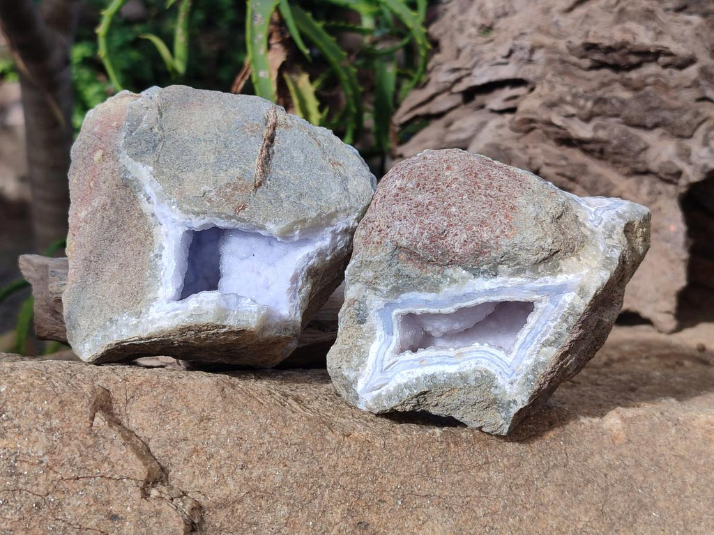 Natural Blue Lace Agate Geode Specimens with Dogtooth Calcite x 4 From Nsanje, Malawi - Toprock Gemstones and Minerals 