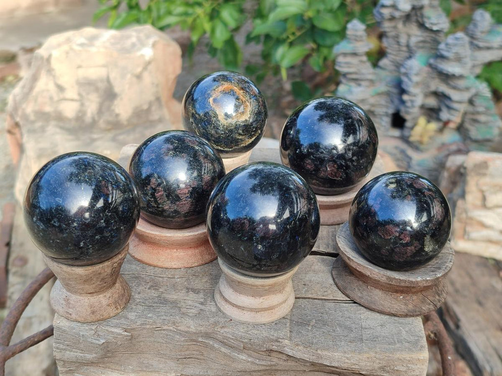 Polished "Water Sapphire" Spheres with Sillimanite x 6 From Ambatofinandrahana, Madagascar - Toprock Gemstones and Minerals 