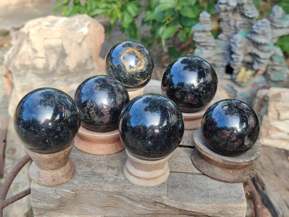 Polished "Water Sapphire" Spheres with Sillimanite x 6 From Ambatofinandrahana, Madagascar - Toprock Gemstones and Minerals 
