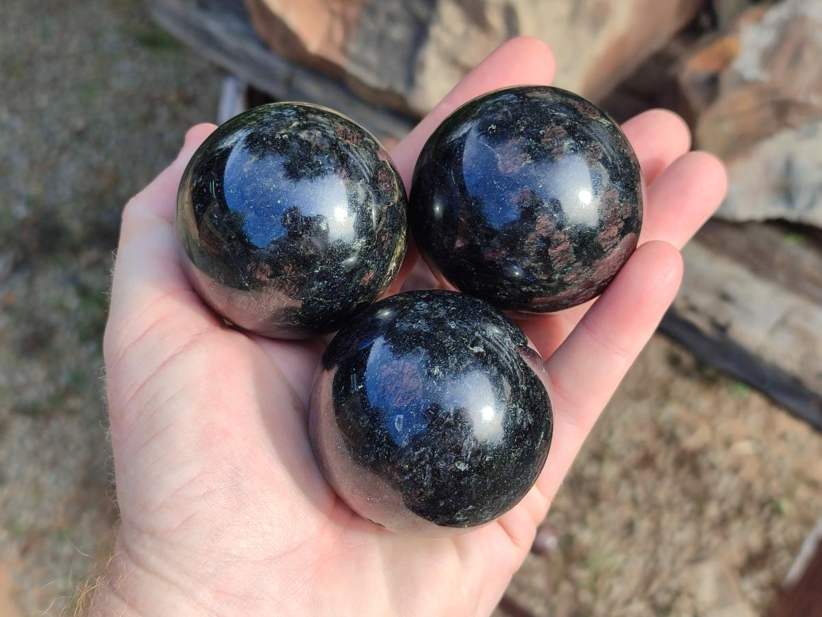 Polished "Water Sapphire" Spheres with Sillimanite x 6 From Ambatofinandrahana, Madagascar - Toprock Gemstones and Minerals 