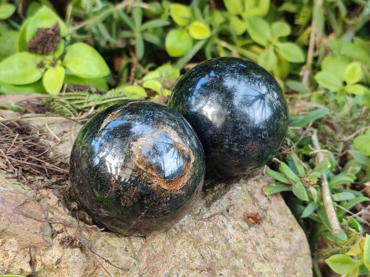 Polished "Water Sapphire" Spheres with Sillimanite x 6 From Ambatofinandrahana, Madagascar - Toprock Gemstones and Minerals 