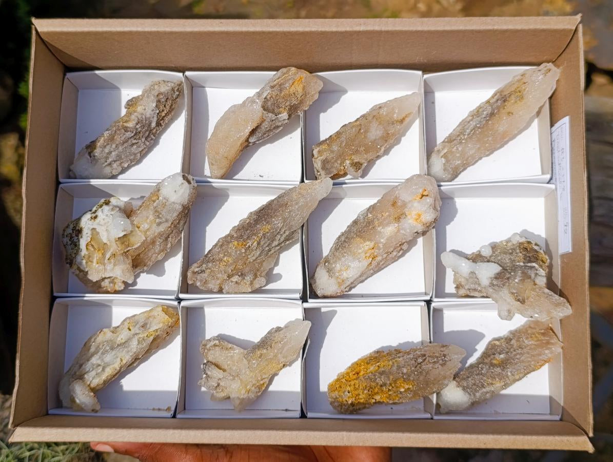 Natural Drusy Quartz Coated Spearhead Calcite Specimens x 12 From Albert's Mountain, Lesotho