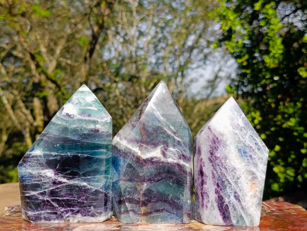 Polished Watermelon Fluorite Crystal Points x 3 From Uis, Namibia - Toprock Gemstones and Minerals 