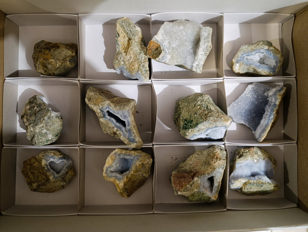 Natural Blue Lace Agate Geode Specimens x 12 From Nsanje, Malawi