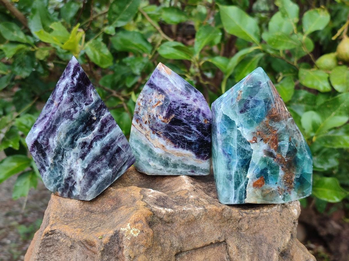 Polished Watermelon Fluorite Display Crystal Points x 3 From Uis, Namibia - Toprock Gemstones and Minerals 