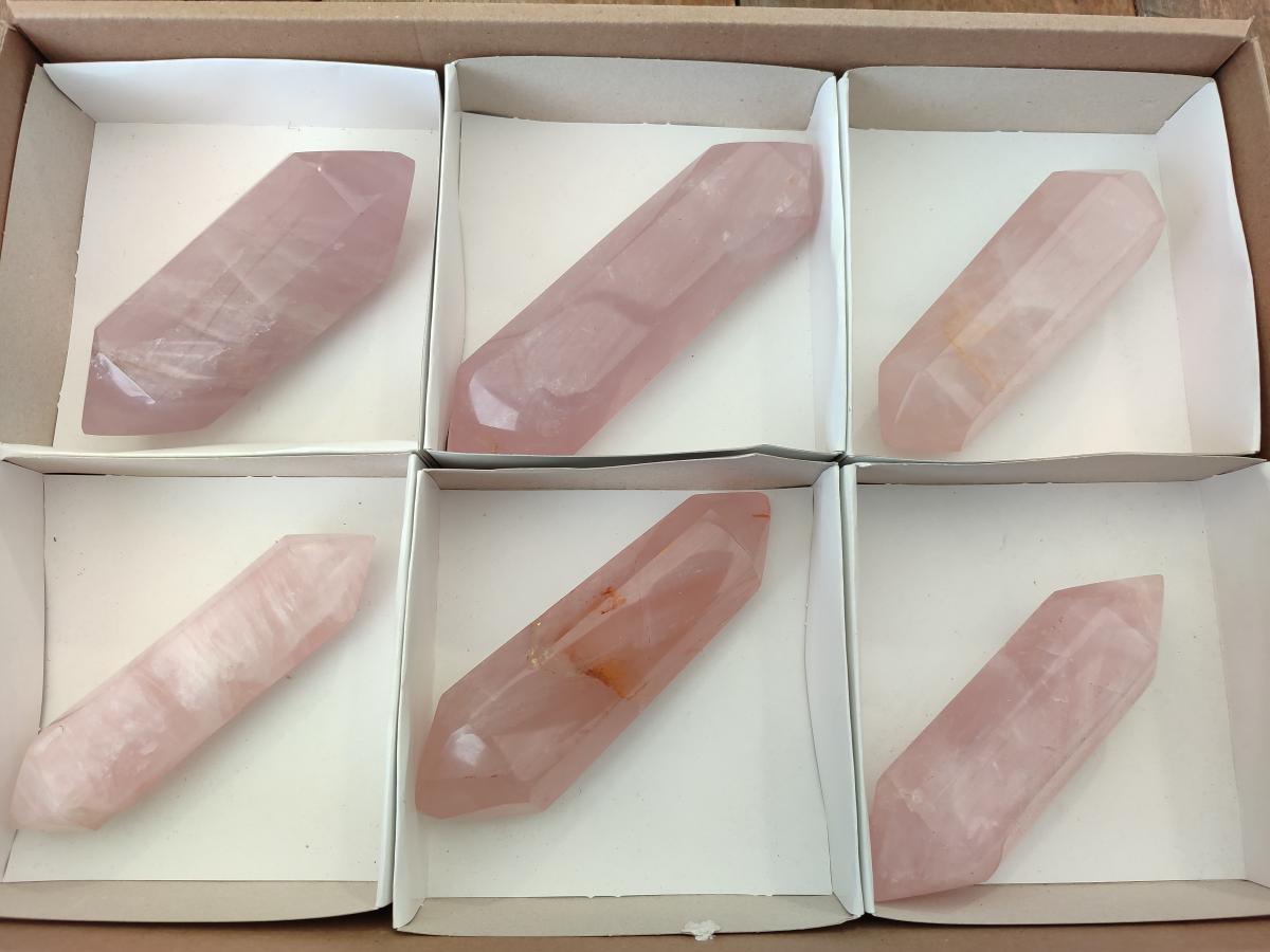 Polished Double Terminated Gemmy Rose Quartz Crystals x 6 From Madagascar - Toprock Gemstones and Minerals 