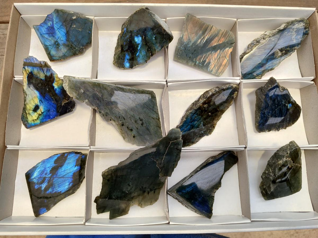 Polished One Side Labradorite Slices x 12 From Madagascar - Toprock Gemstones and Minerals 