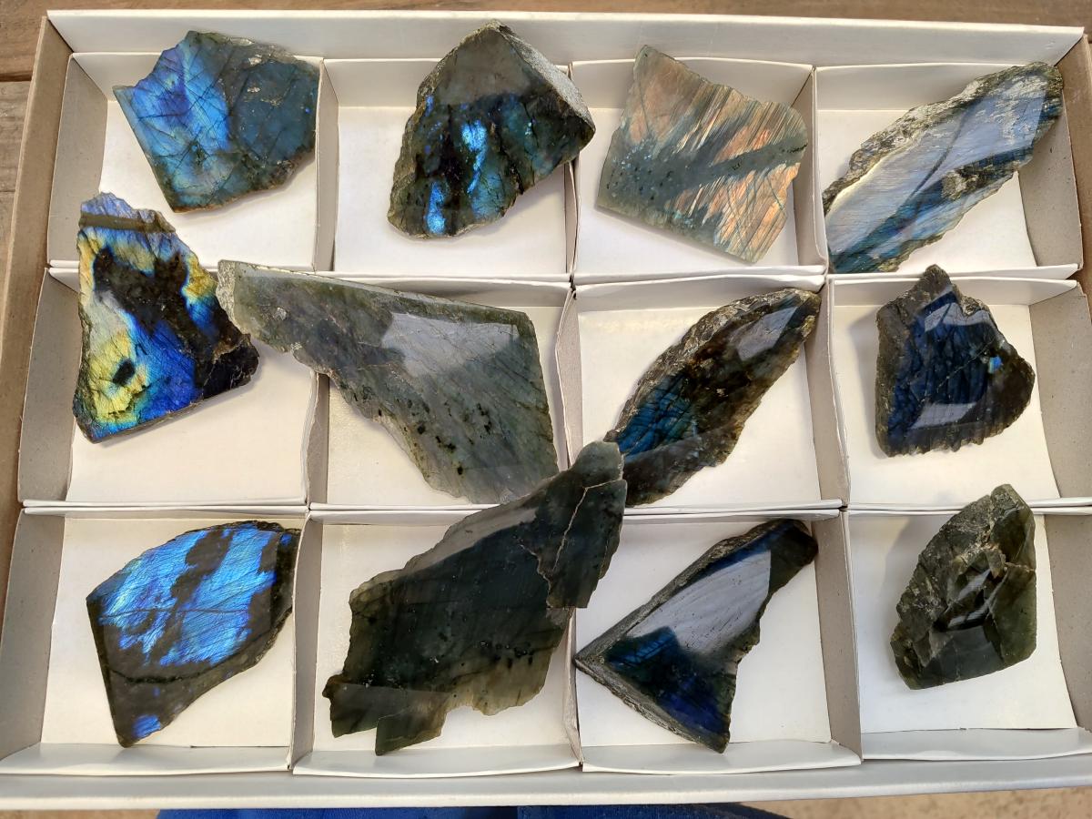 Polished One Side Labradorite Slices x 12 From Madagascar - Toprock Gemstones and Minerals 