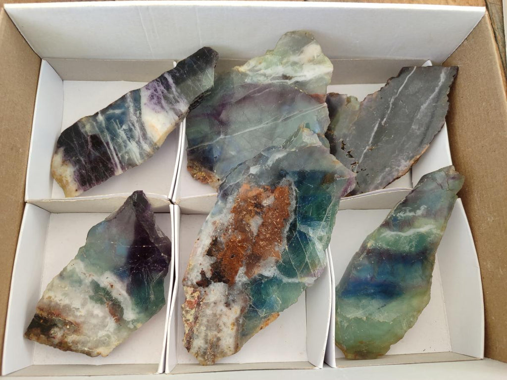 Polished Watermelon Fluorite Slices x 6 From Madagascar - Toprock Gemstones and Minerals 