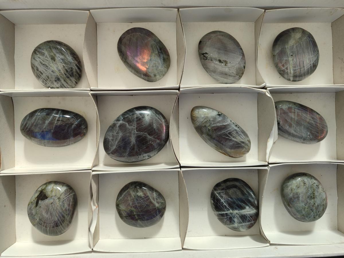 Polished Rare Purple Sunset Flash Labradorite Palm Stones x 12 From Madagascar - Toprock Gemstones and Minerals 