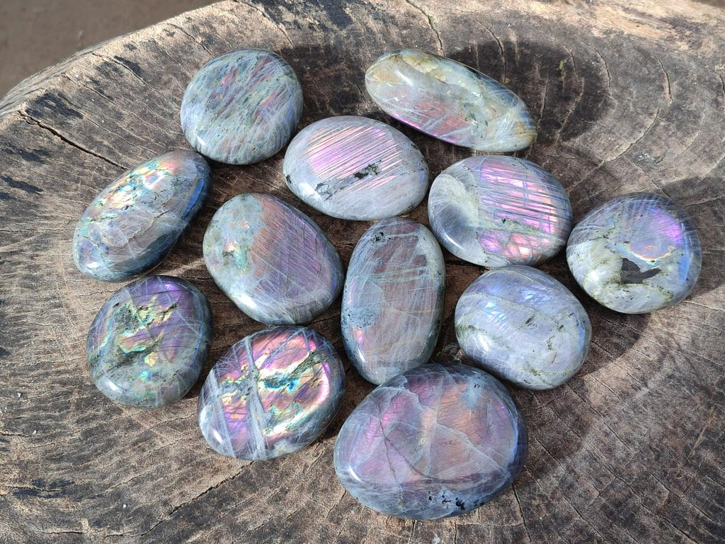 Polished Rare Purple Sunset Flash Labradorite Palm Stones x 12 From Madagascar - Toprock Gemstones and Minerals 