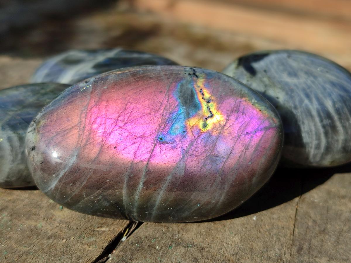 Polished Rare Purple Sunset Flash Labradorite Palm Stones x 12 From Madagascar - Toprock Gemstones and Minerals 