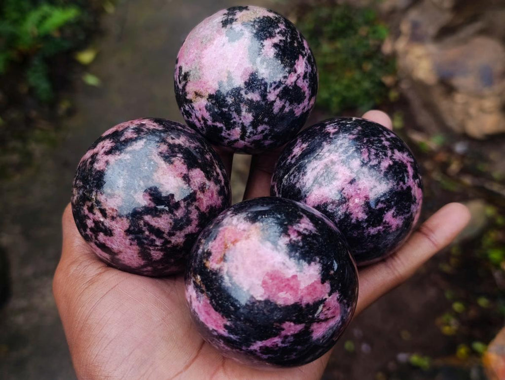 Polished Rhodonite Gemstone Spheres x 4 From Ambindavato, Madagascar - Toprock Gemstones and Minerals 