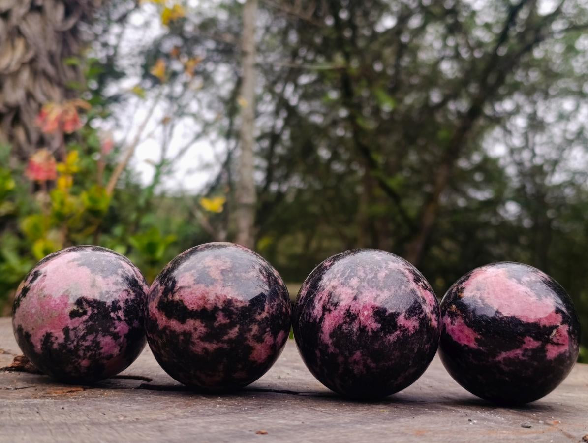 Polished Rhodonite Gemstone Spheres x 4 From Ambindavato, Madagascar - Toprock Gemstones and Minerals 