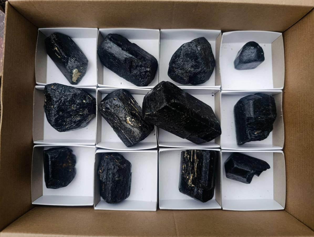 Natural Alluvial Schorl Black Tourmaline Crystal Specimens x 12 From Zimbabwe - Toprock Gemstones and Minerals 