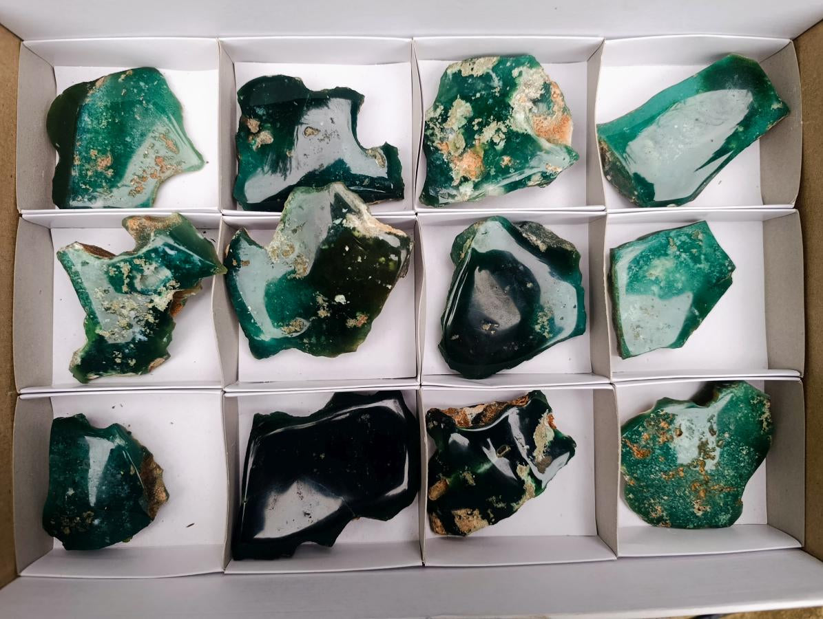 Polished On One Side Mtorolite Chrysoprase Slices x 12 From Mutorashanga, Zimbabwe - Toprock Gemstones and Minerals 