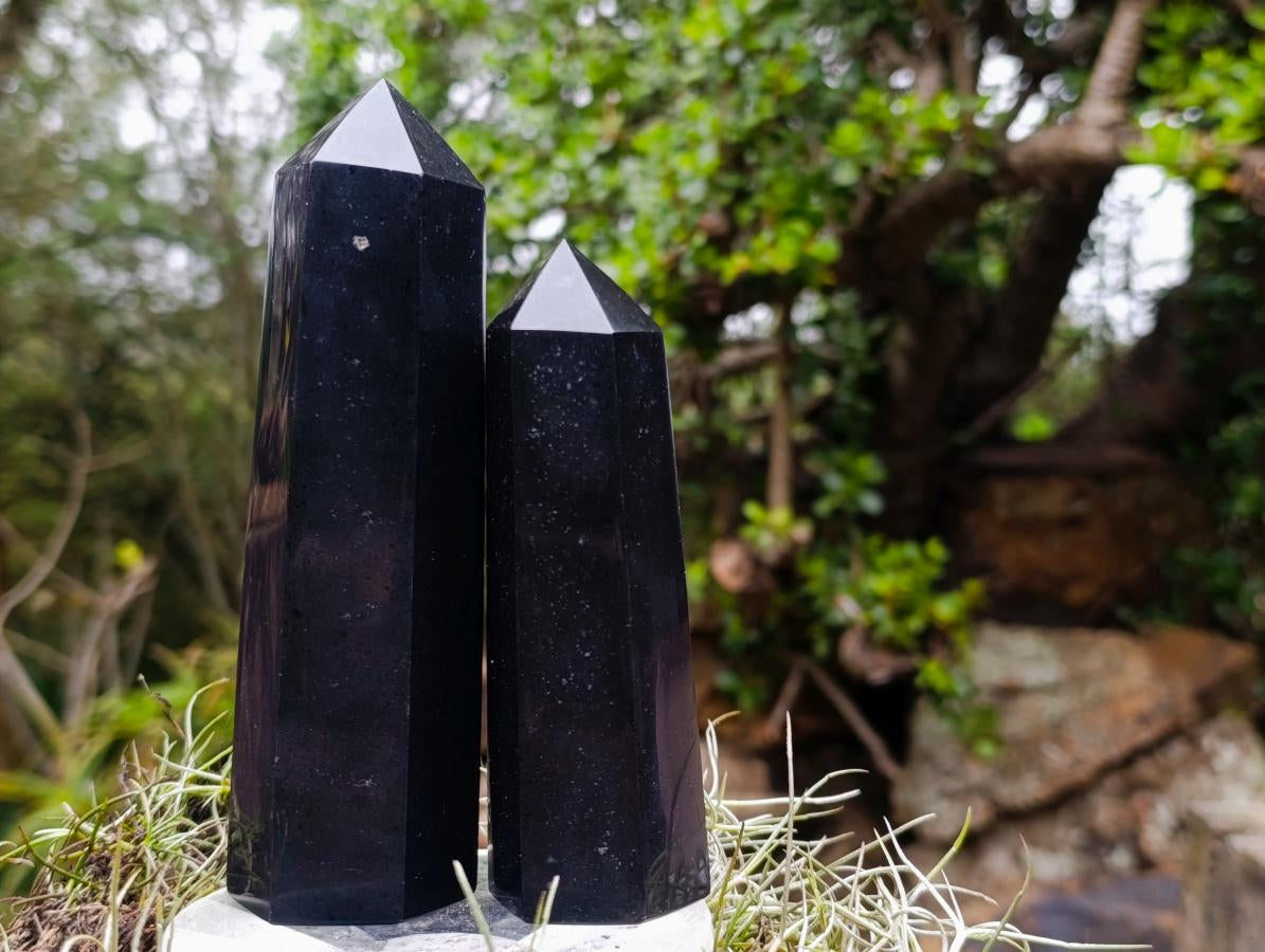 Polished Double Terminated Black Basalt Crystal and Crystal Points x 6 From Madagascar - Toprock Gemstones and Minerals 