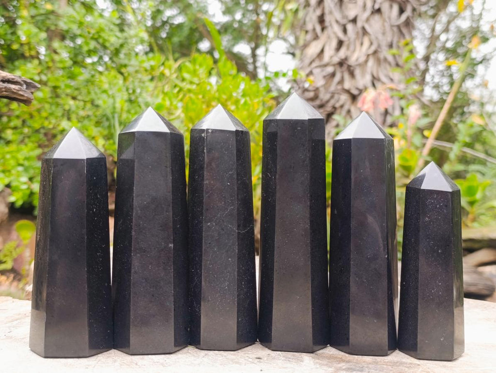 Polished Double Terminated Black Basalt Crystal and Crystal Points x 6 From Madagascar - Toprock Gemstones and Minerals 