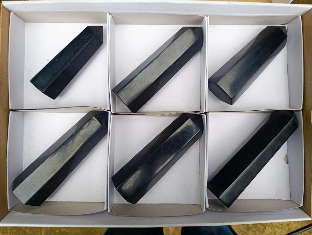 Polished Double Terminated Black Basalt Crystal and Crystal Points x 6 From Madagascar - Toprock Gemstones and Minerals 