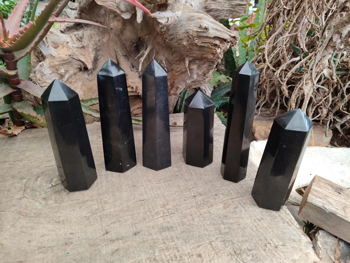 Polished Black Basalt Display Crystal Points x 6 From Madagascar - Toprock Gemstones and Minerals 