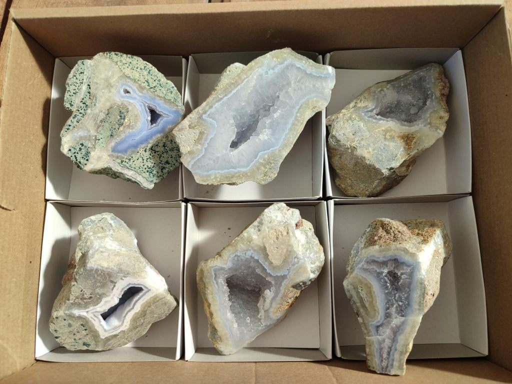 Polished On One Side Blue Lace Agate Geodes x 6 From Nsanje, Malawi - Toprock Gemstones and Minerals 