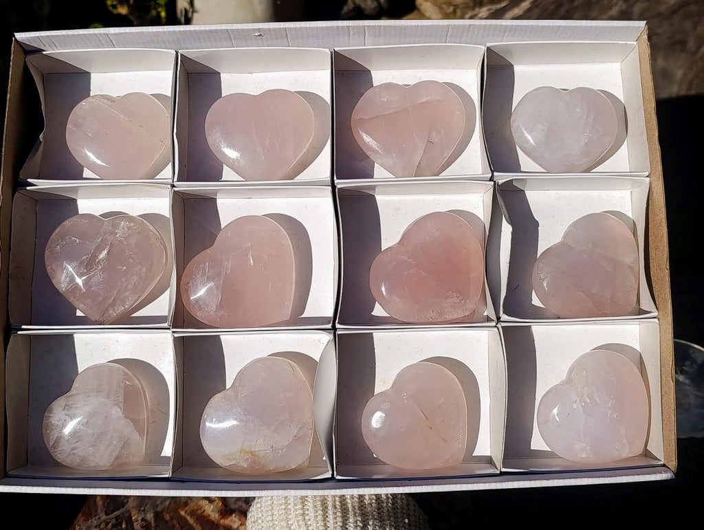 Polished Gemmy Rose Quartz Hearts x 12 From Madagascar - Toprock Gemstones and Minerals 
