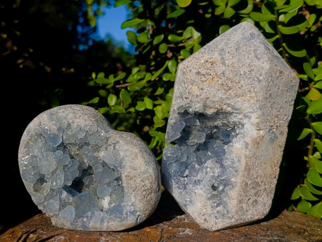 Polished Blue Celestite Crystal Heart and Display Crystal x 2 From Sakoany, Madagascar - Toprock Gemstones and Minerals 