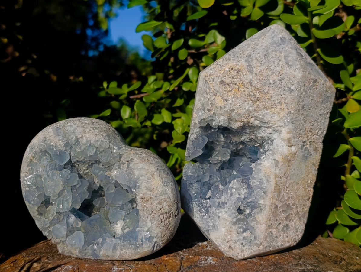 Polished Blue Celestite Crystal Heart and Display Crystal x 2 From Sakoany, Madagascar - Toprock Gemstones and Minerals 
