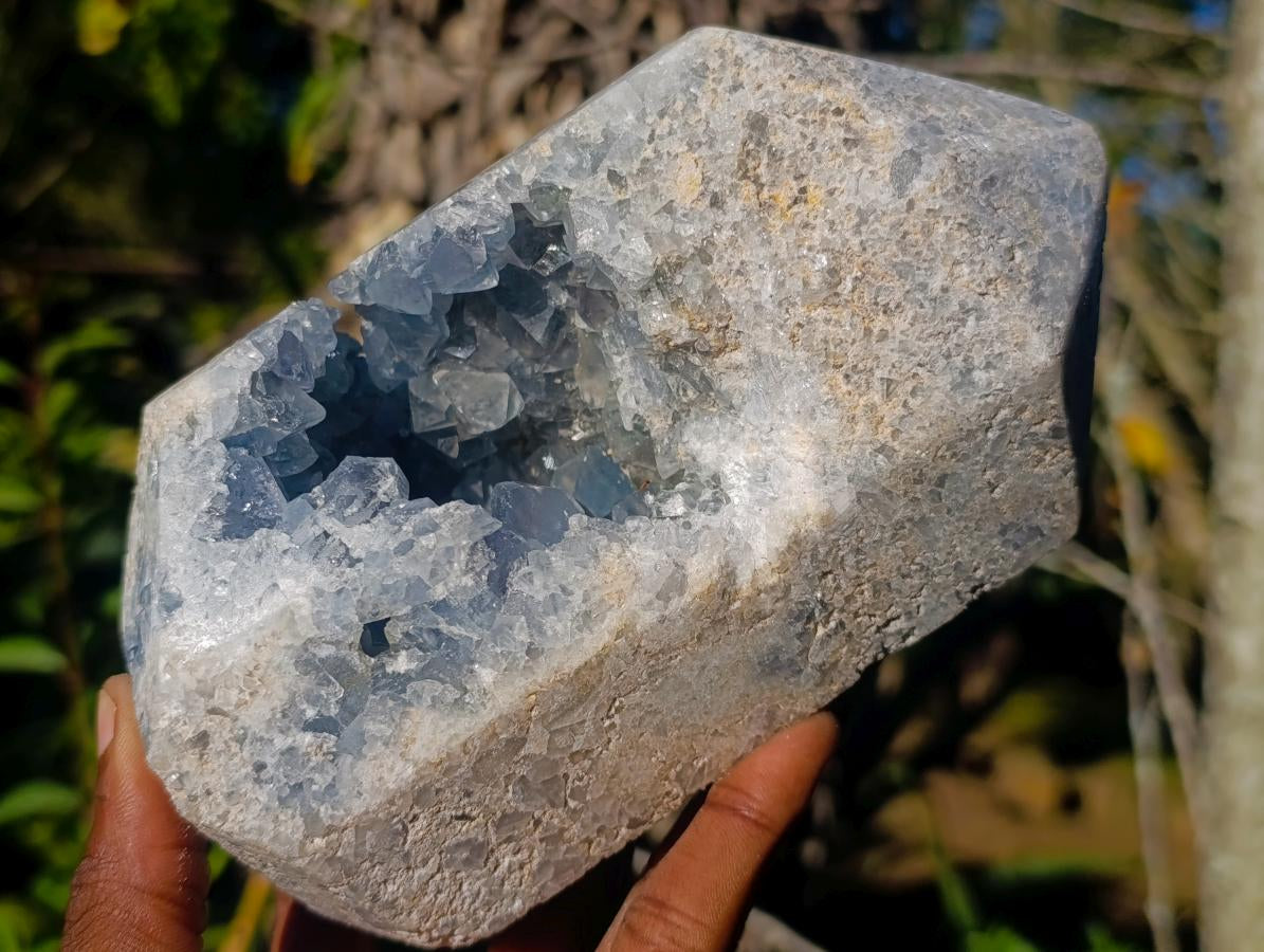 Polished Blue Celestite Crystal Heart and Display Crystal x 2 From Sakoany, Madagascar - Toprock Gemstones and Minerals 