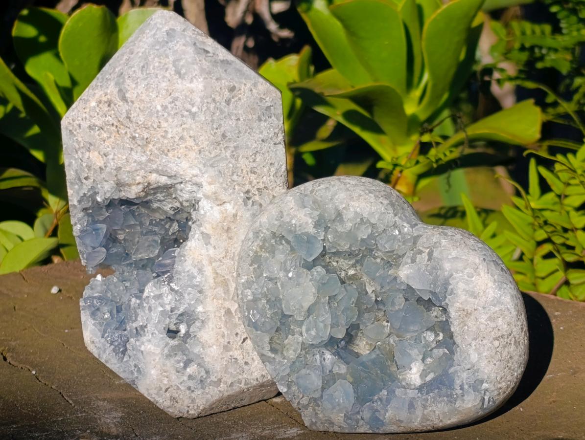 Polished Blue Celestite Crystal Heart and Display Crystal x 2 From Sakoany, Madagascar - Toprock Gemstones and Minerals 