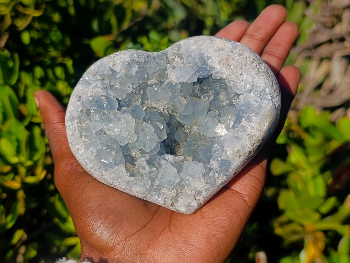 Polished Blue Celestite Crystal Heart and Display Crystal x 2 From Sakoany, Madagascar - Toprock Gemstones and Minerals 