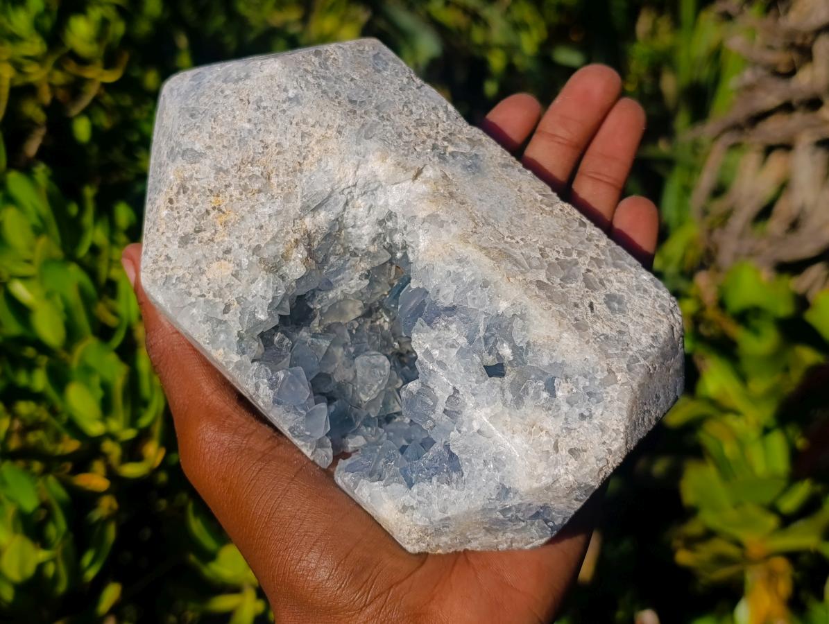 Polished Blue Celestite Crystal Heart and Display Crystal x 2 From Sakoany, Madagascar - Toprock Gemstones and Minerals 