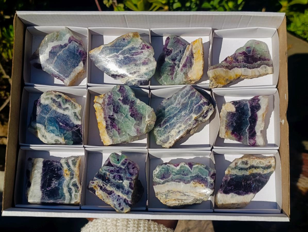 Polished One Side Watermelon Fluorite Slices x 12 From Uis, Namibia - Toprock Gemstones and Minerals 