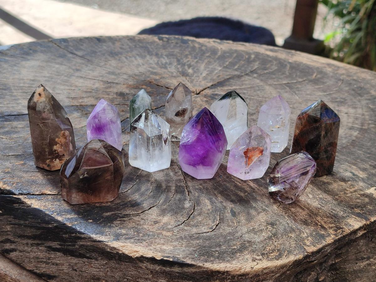Polished Mixed Quartz Crystals with Inclusions x 12 From Madagascar - Toprock Gemstones and Minerals 