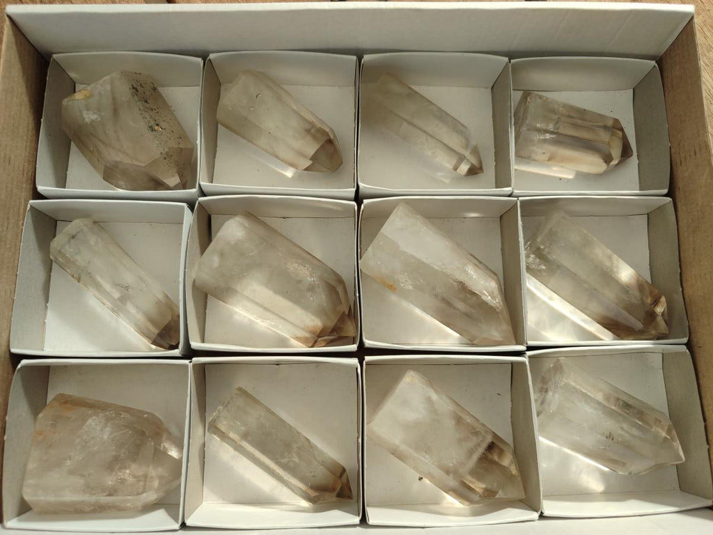 Polished Smokey Window Quartz Crystals x 12 From Madagascar - Toprock Gemstones and Minerals 