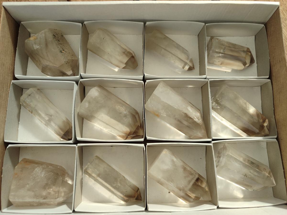 Polished Smokey Window Quartz Crystals x 12 From Madagascar - Toprock Gemstones and Minerals 