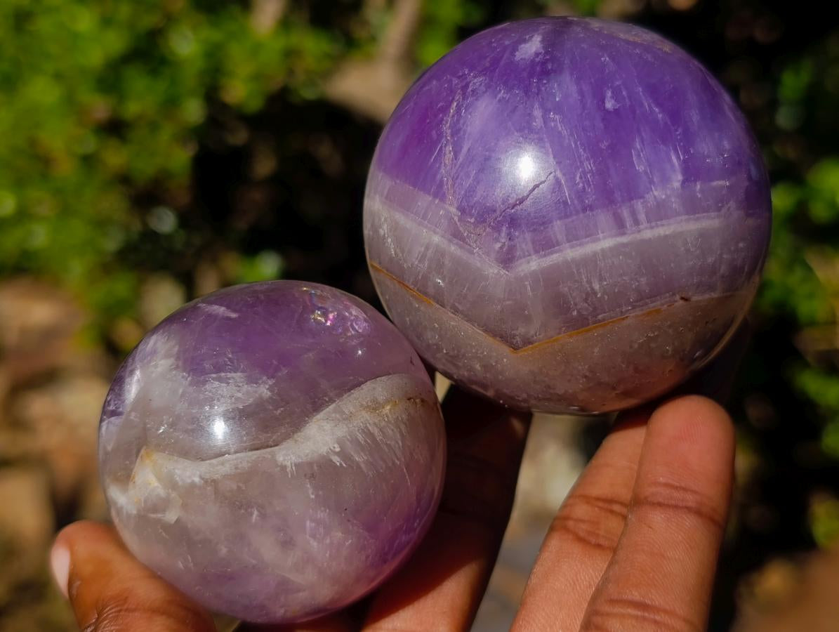 Polished Chevron Amethyst Spheres x 3 From Madagascar - Toprock Gemstones and Minerals 