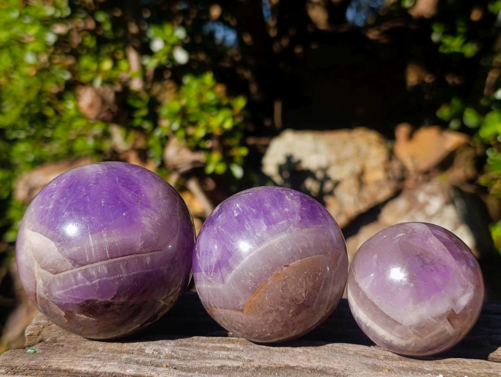 Polished Chevron Amethyst Spheres x 3 From Madagascar - Toprock Gemstones and Minerals 