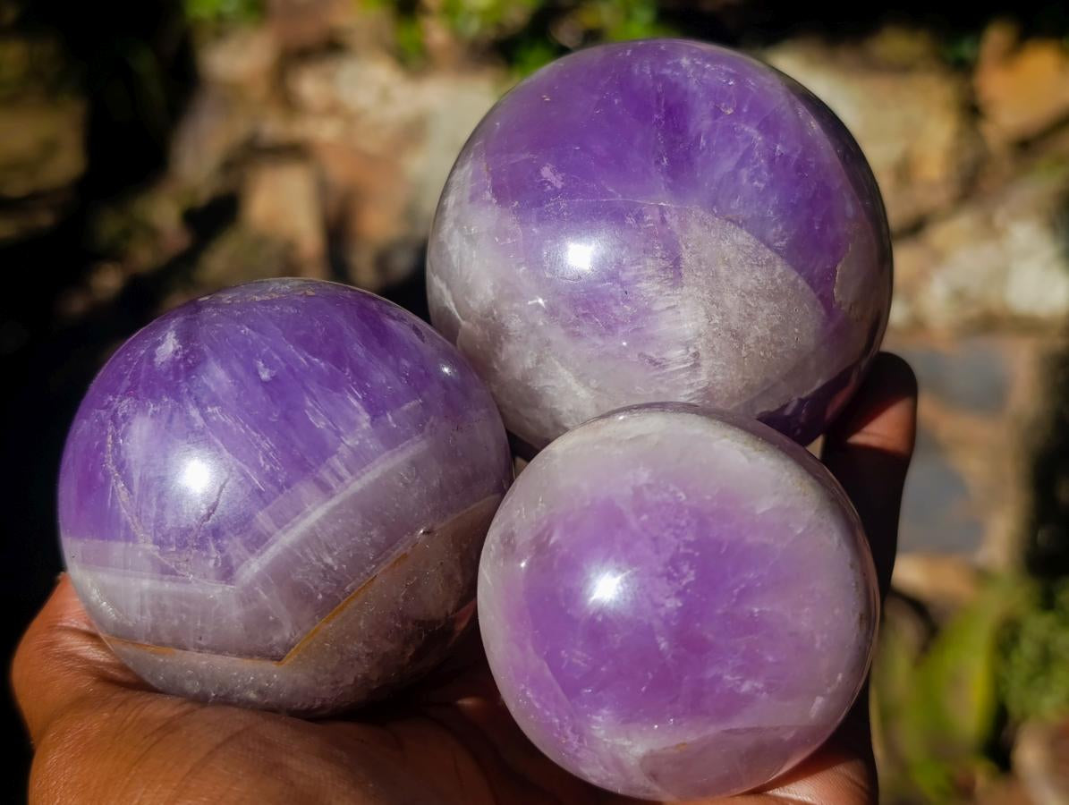 Polished Chevron Amethyst Spheres x 3 From Madagascar - Toprock Gemstones and Minerals 
