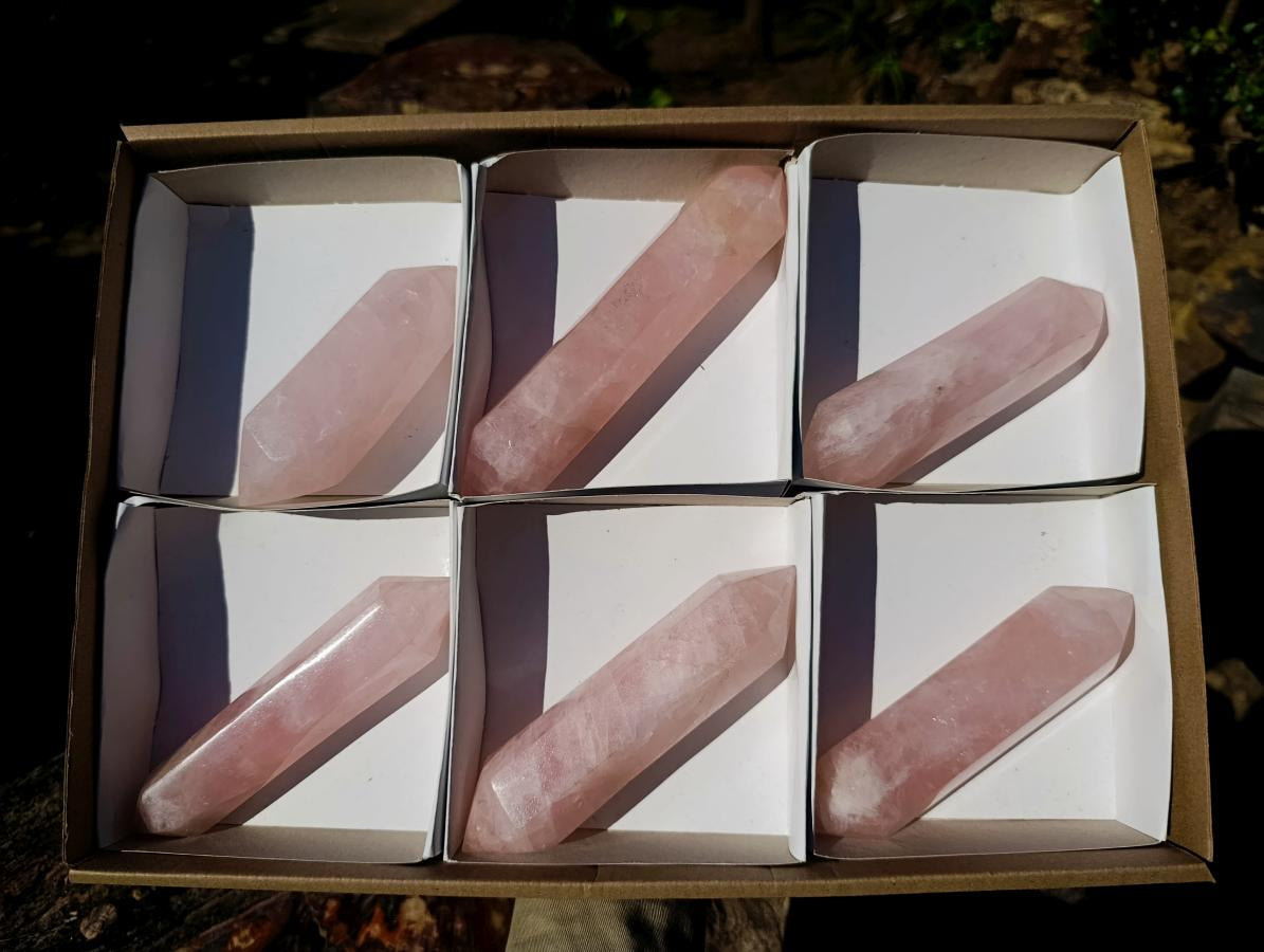 Polished Double Terminated Gemmy Rose Quartz Crystals x 6 From Madagascar - Toprock Gemstones and Minerals 