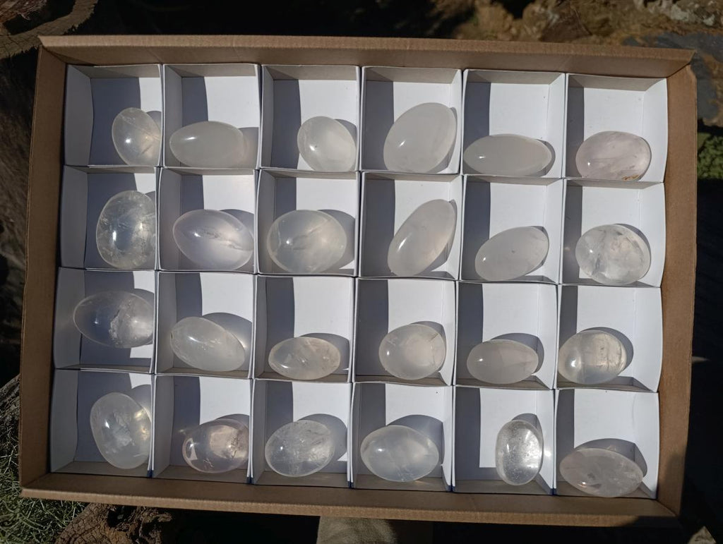 Polished Girasol Pearl Quartz Palm Stones x 24 From Ambatondrazaka, Madagascar - Toprock Gemstones and Minerals 